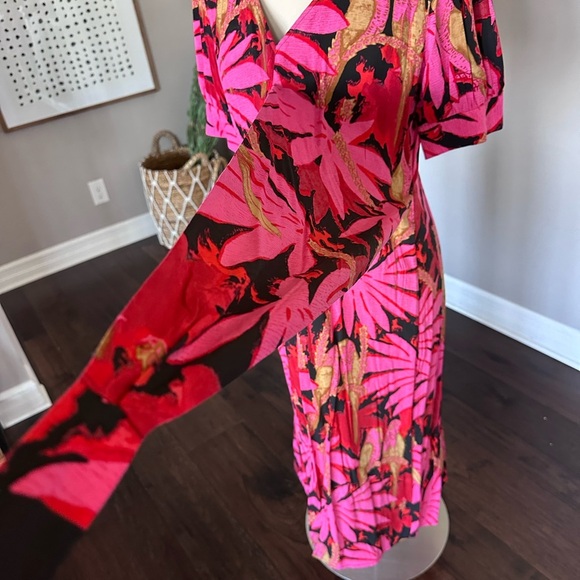 J. Crew Midi Dress Faux Wrap Pink Tropical Palm/Island Hawaiian Floral Print 14 - Picture 10 of 16